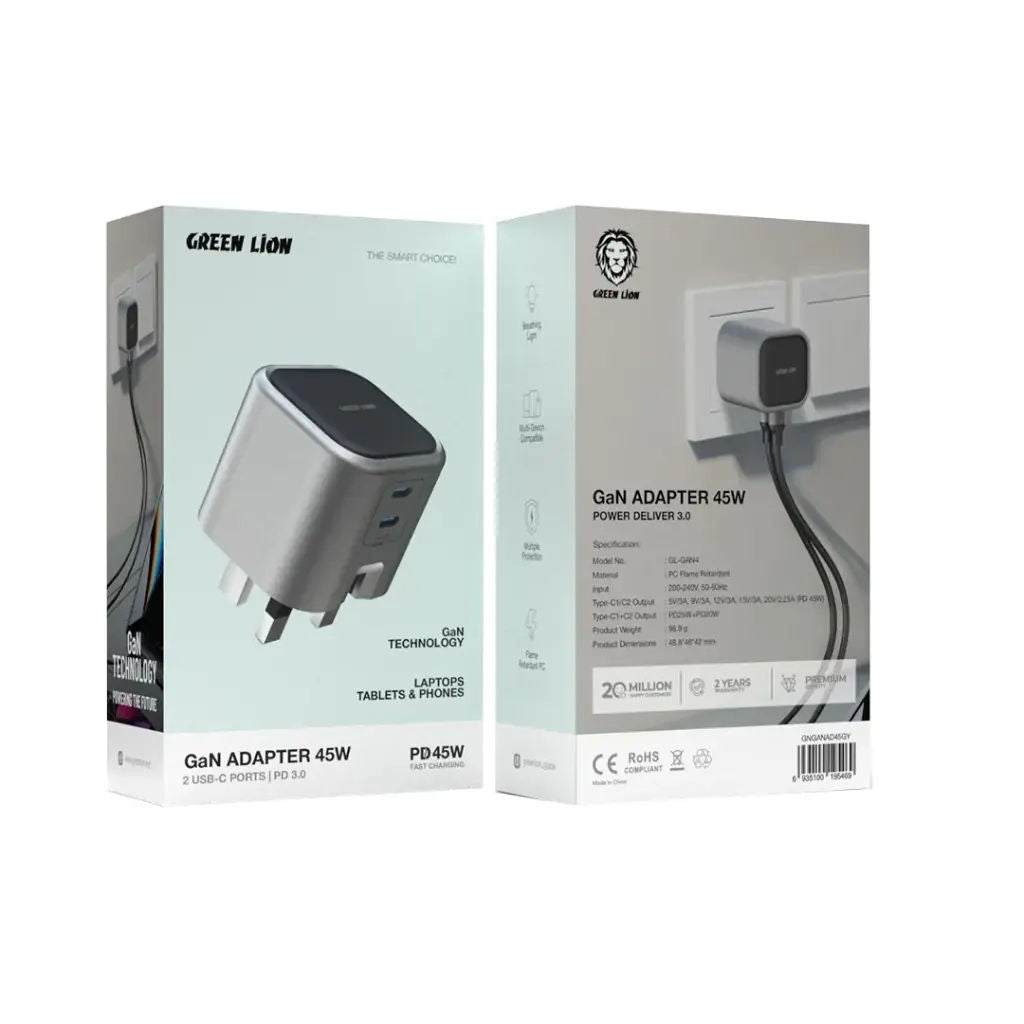 Green Lion GaN Fast Charger 65W with USB-C Port & Retractable Cable, Dual Output, Grey