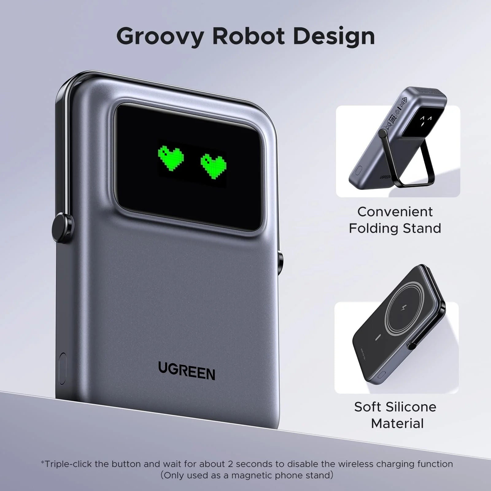 شاحن محمول لاسلكي مغناطيسي UGREEN PB572 بسعة 10000 مللي أمبير في الساعة، مزود بخاصية الشحن السريع عبر منفذ USB-C بقدرة 20 واط وحامل قابل للطي
