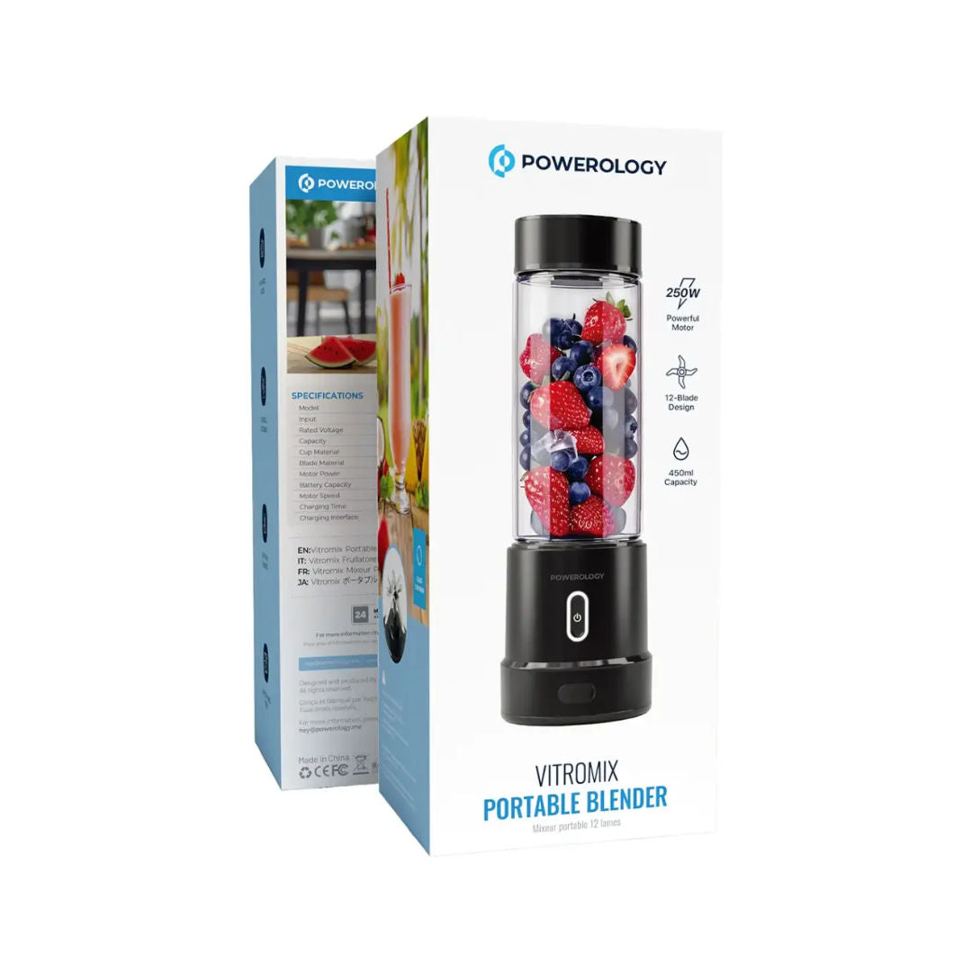 Powerology VitroMix Portable Blender 450mL 250W, 12 Blade High-Speed Rechargeable Juicer, Black