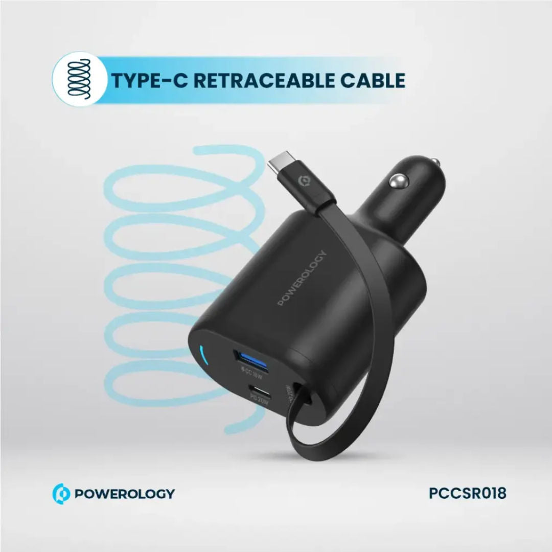 Powerology Type-C Retractable Car Charger 70W, Black