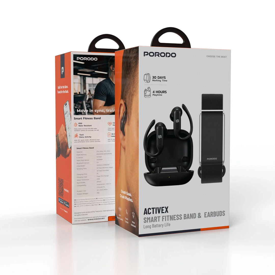 Porodo Activex Smart Fitness Band & Earbuds, Black