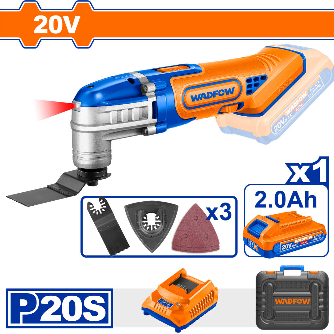 مجموعة أدوات متعددة الاستخدامات لاسلكية WADFOW 20V، 5000-20000 دورة في الدقيقة، تذبذب 3.2 درجة، مجموعة شفرات وصنفرة