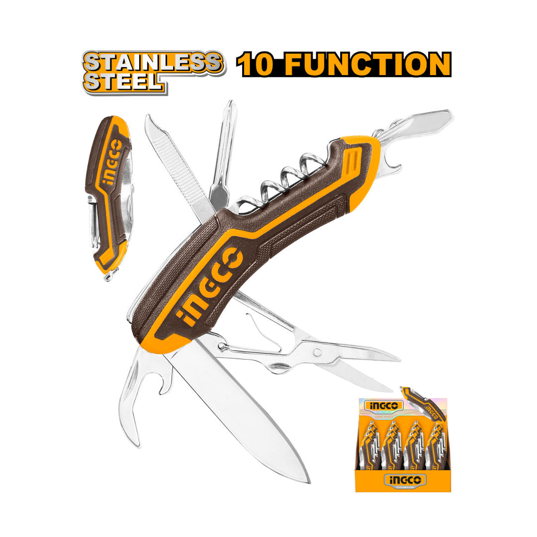 INGCO 10-in-1 Multi-Function Pocket Knife - Stainless Steel Tool with Two-Color Grip, 9.5cm