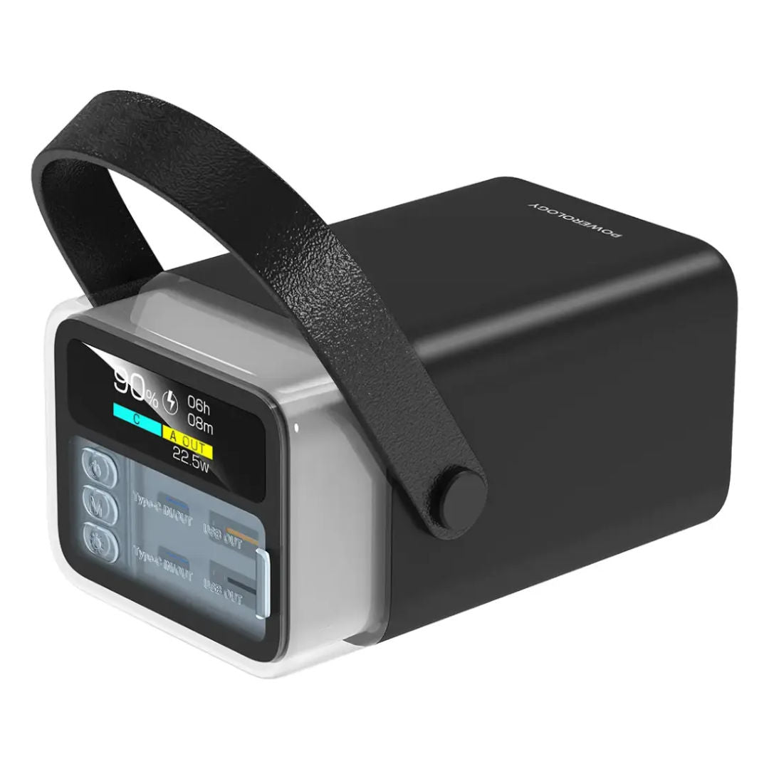 Powerology Halo Beam 40000mAh Power Bank with 65W PD Fast Charging, RGB 360° LED Light & Handle, Black