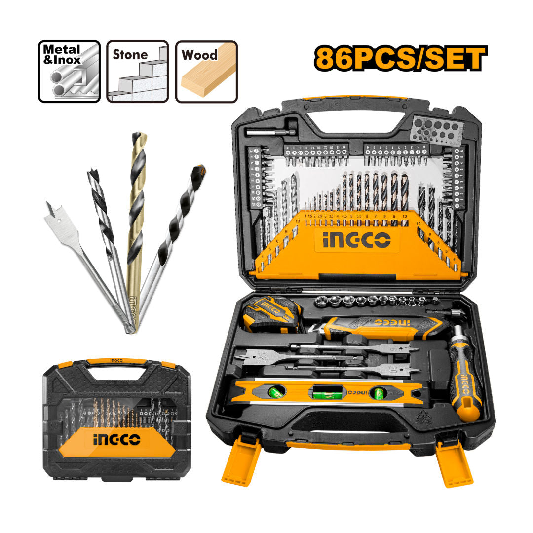 INGCO 86 Pcs Accessories Set, Drill Bits, Sockets, Bits, Chisels, Knife, Level, Measuring Tape