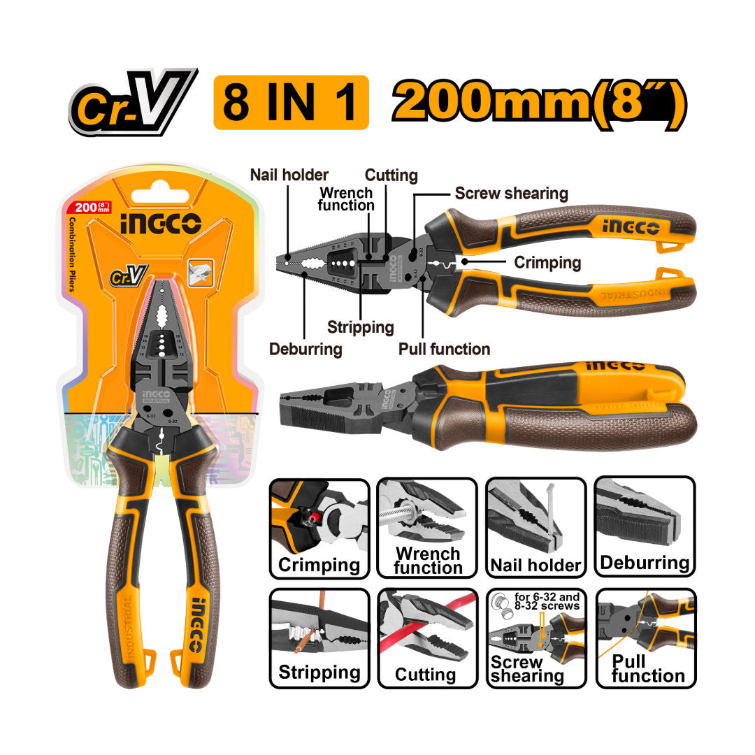 INGCO 8-In-1 Multi-Function Combination Pliers, 8"/200 Mm