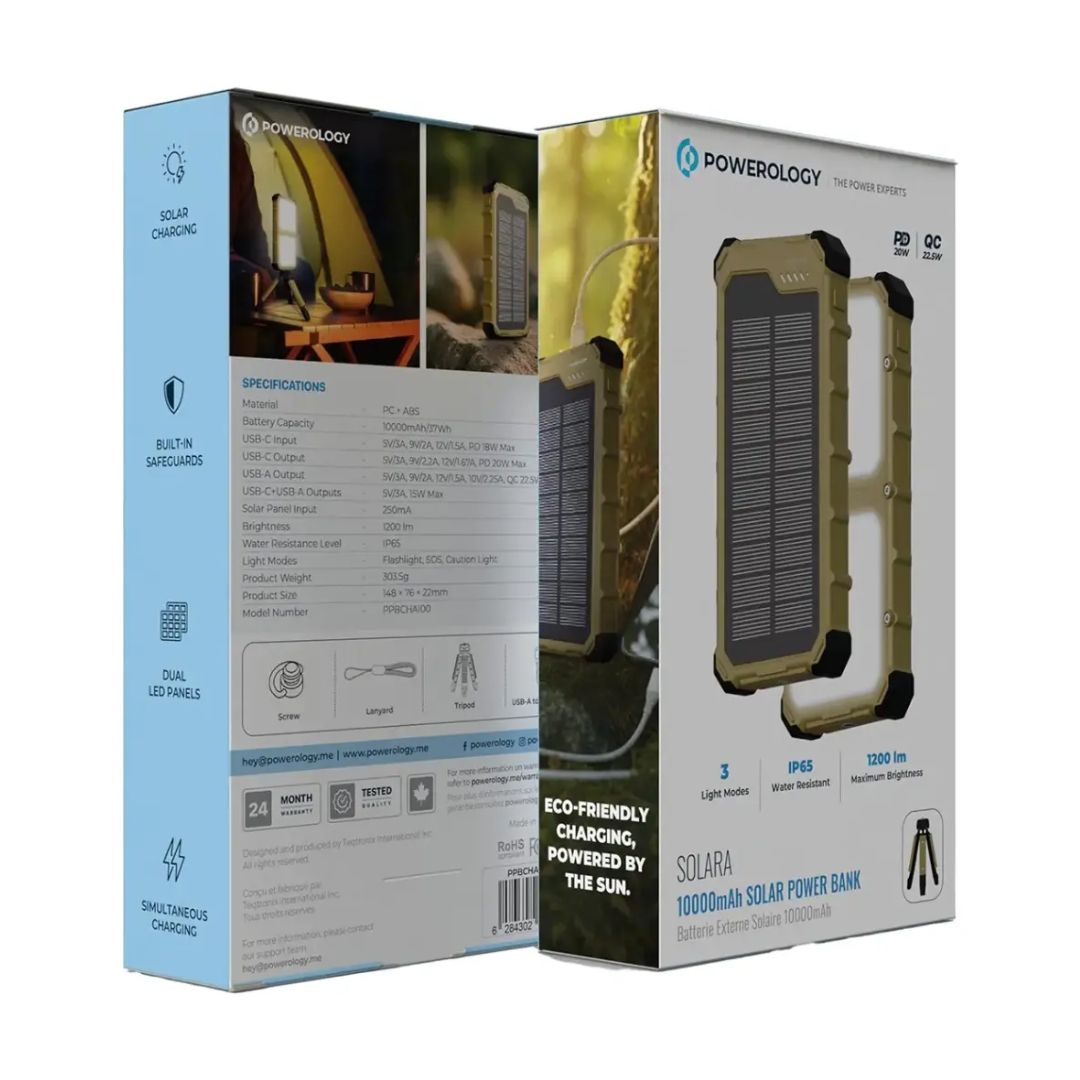 Powerology Solara 10000mAh Solar Power Bank, Khaki
