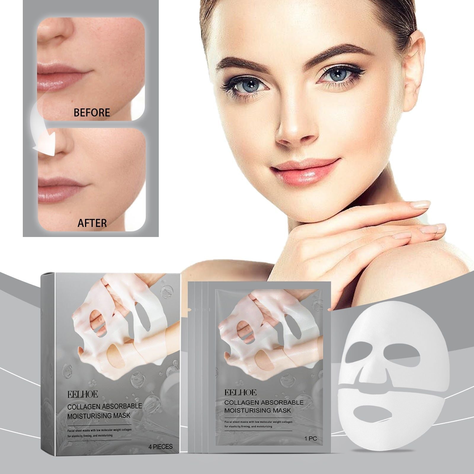 Collagen Facial Mask, Hydrating, Anti-Aging, Nourishing, Moisturizing, Skin Repair ,4 pieces