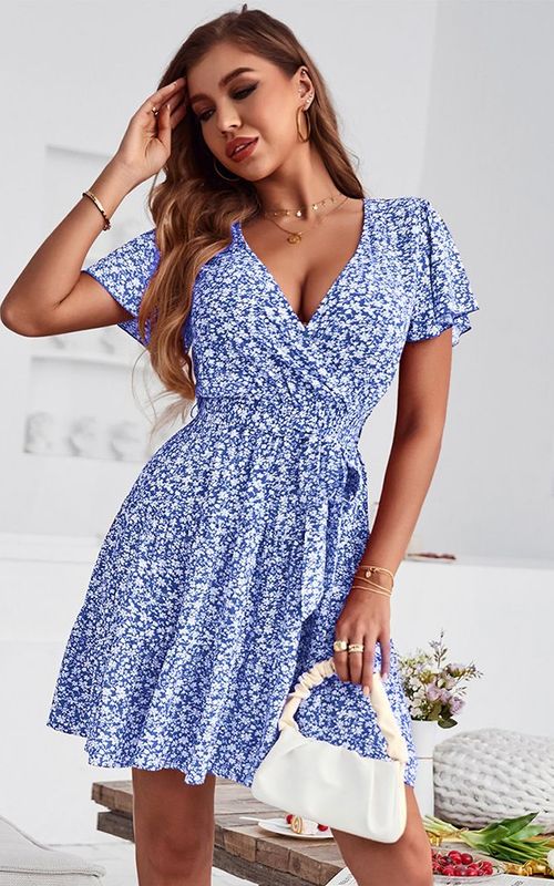 Floral V Neck Mini Dress Sexy Wrap Dress Women Flowy Short Sleeve Sundress