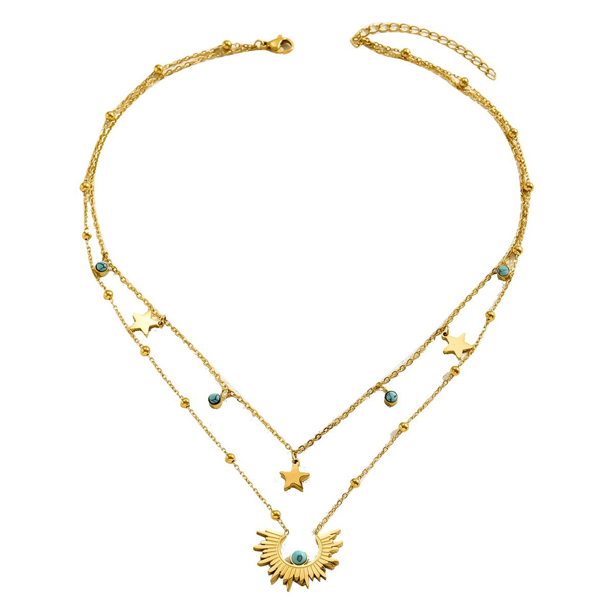 Star Moon Double Layer Necklace Earrings Set For Women