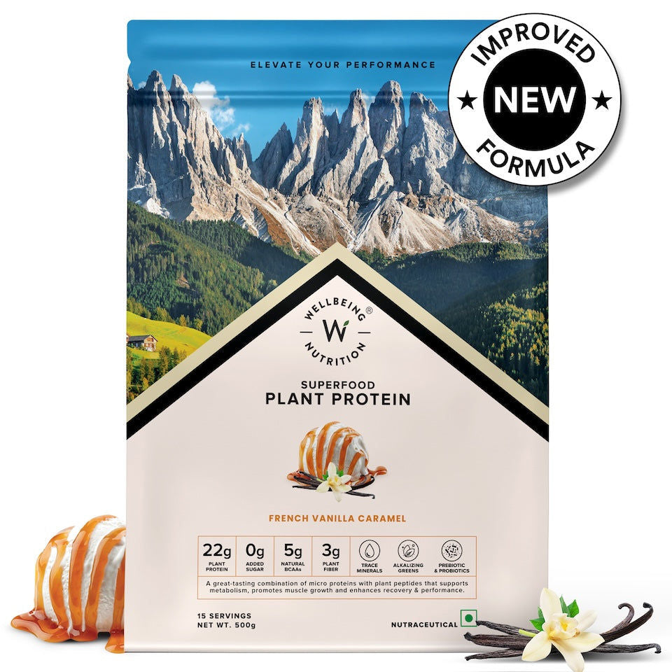 Wellbeing Nutrition Superfood Plant Protein French Vanilla Caramel with KUWA Bottle