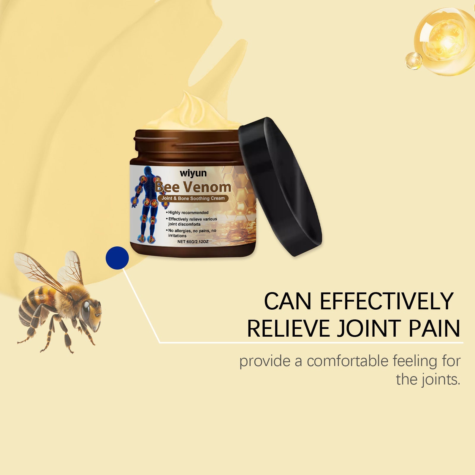 Bee Venom Body Care Cream, Joint Pain Relief, Natural Soothing, Skin Elasticity ,60g