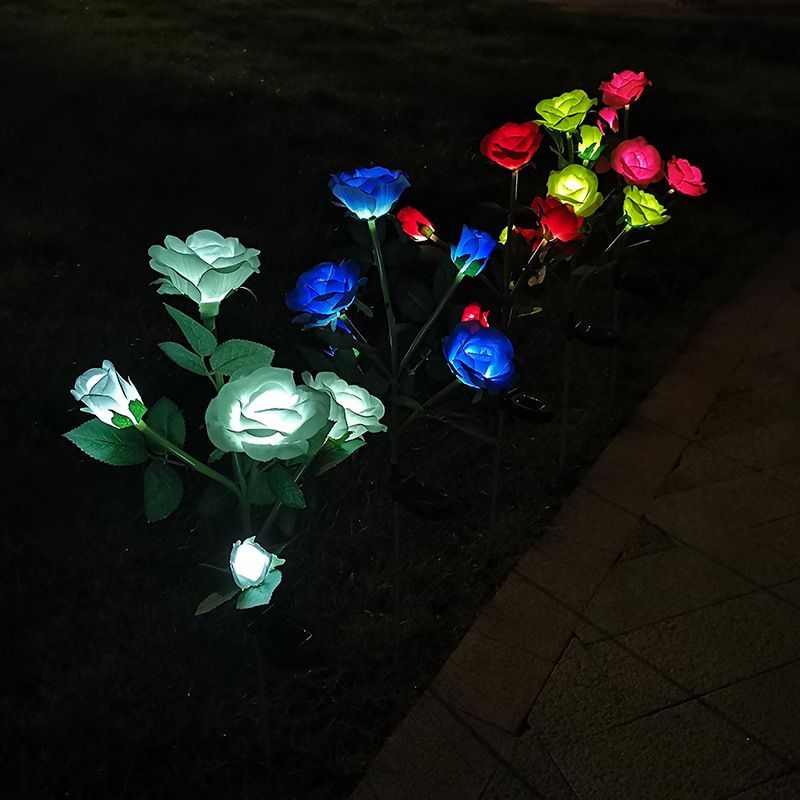 Outdoor Solar Flower Lights 2 Pack 5 Head Artificial Rose LED Lamp Garden Décor