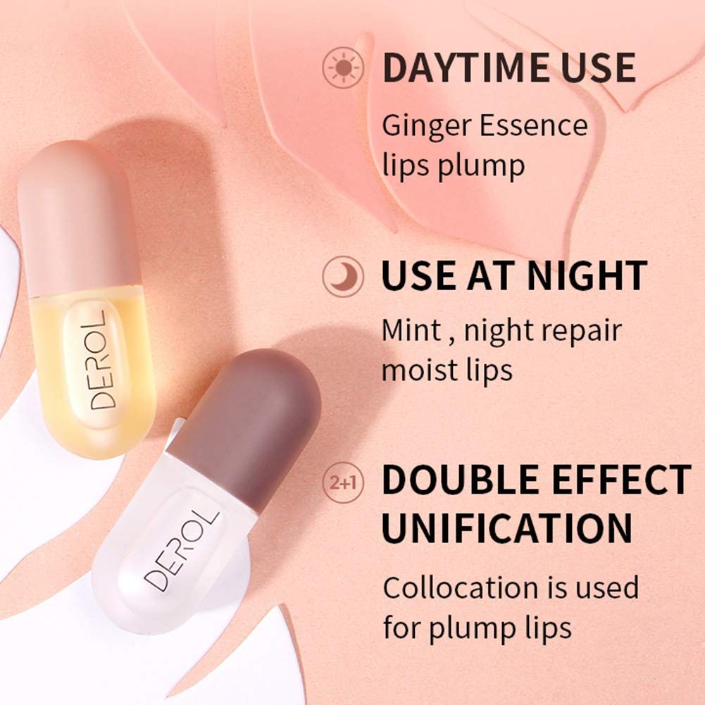 2PCS Day Night Lip Plumper Kit Natural Lip Enhancer Instant Volumising Ginger Plump Gloss