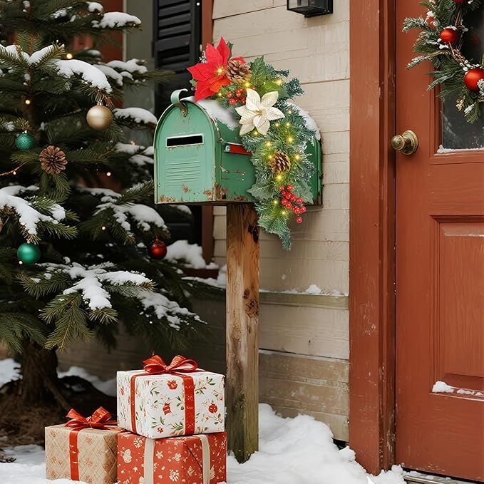 Christmas Mailbox Swag Garland Battery Powered Lighted Christmas Artificial Garland