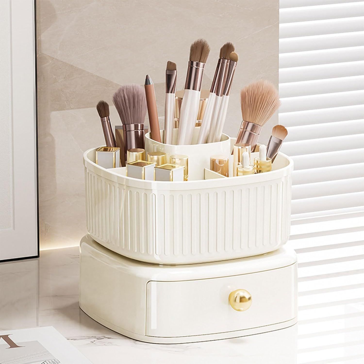 Rotatable Makeup Organizer Square Makeup Brush Holder With Drawer Display Case Jewelry Organizer