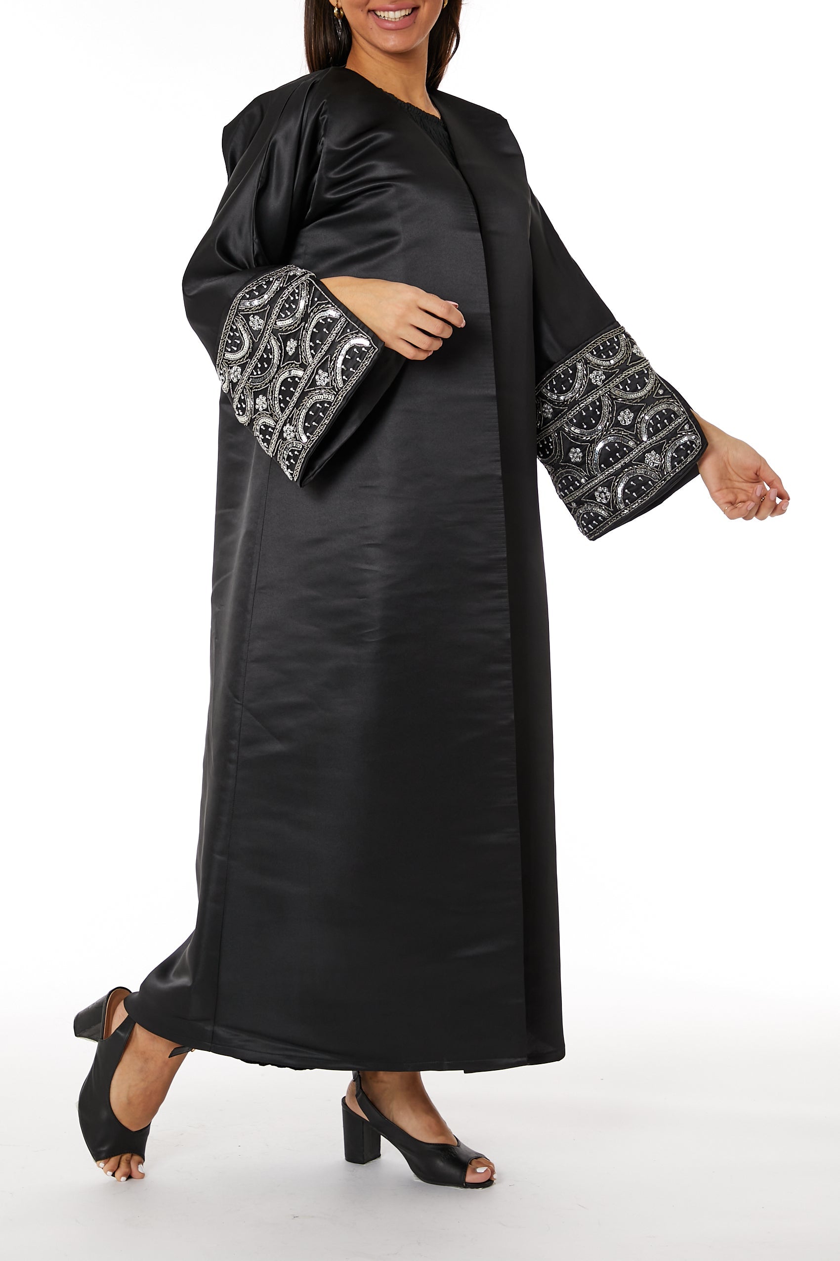 MOiSTREET Black V-Neck Bridal Satin Split Cuffs Abaya