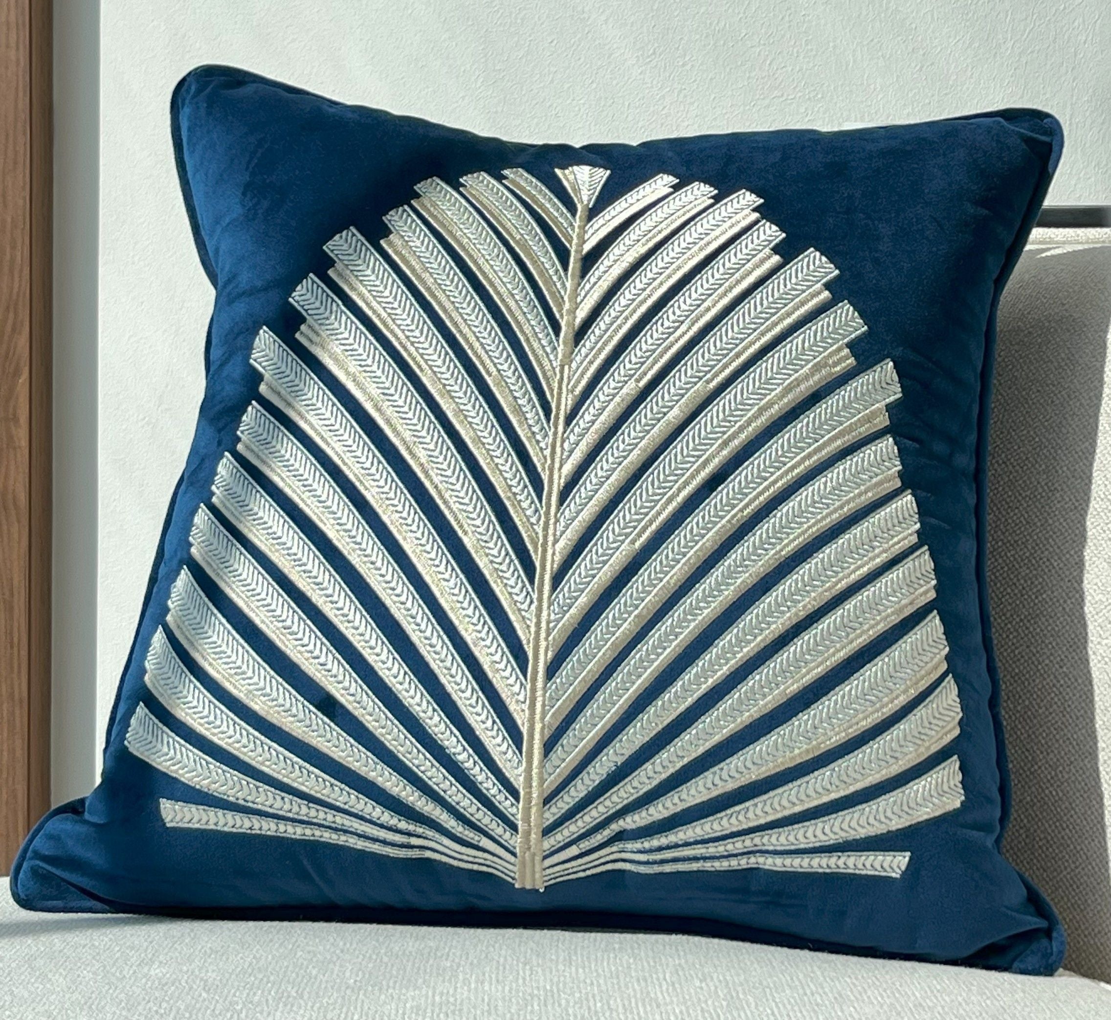 Embroidered Blue Velvet Decorative Cushion Cover