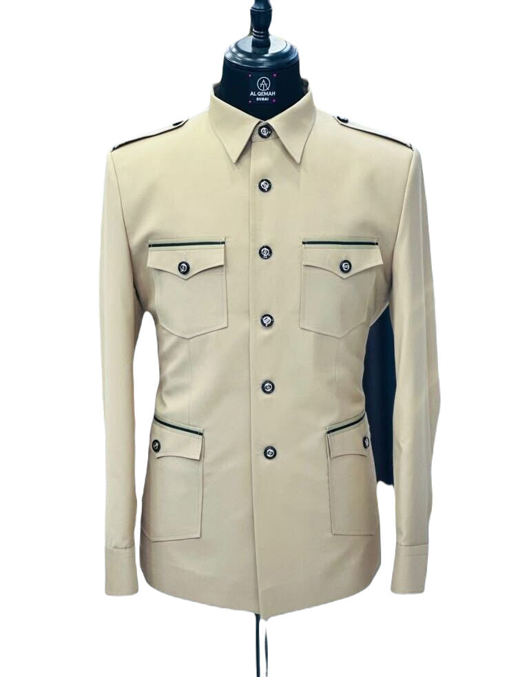 Beige Vintage Safari Suit for Men Stylish Coat pant Classic Formal Suit.