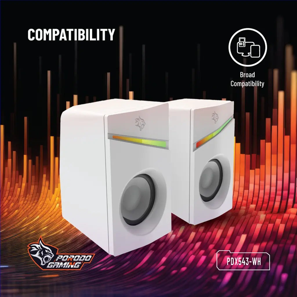 Porodo Gaming Stereo Speakers with Volume Knob, 6W, RGB Lighting, AUX Input, White