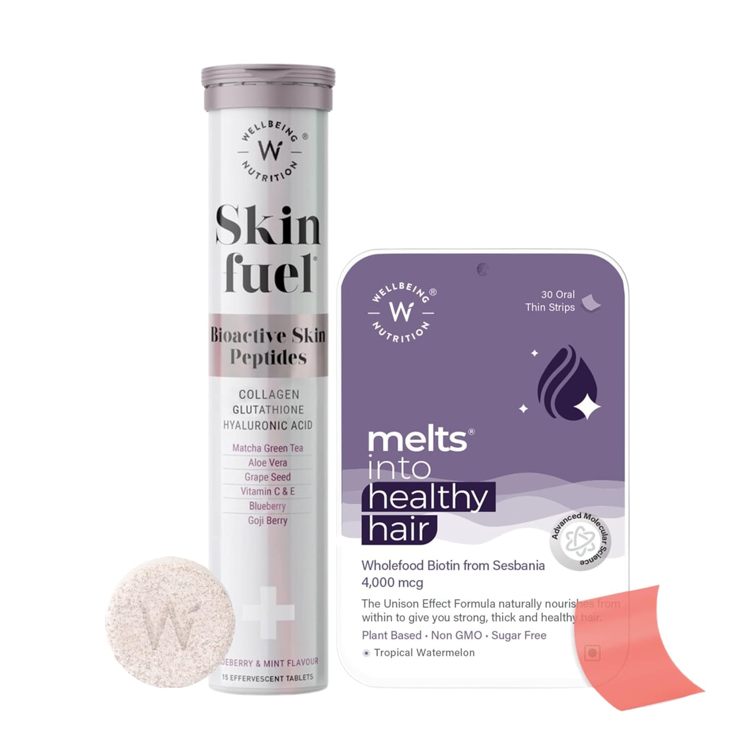 Wellbeing Nutrition Skin & Hair Beauty Pack | Collagen, L-Glutathione, Hyaluronic Acid Plant Based Biotin Fo-ti Extract (15 Effervescent Tabs + 30 Oral Thin Strips)