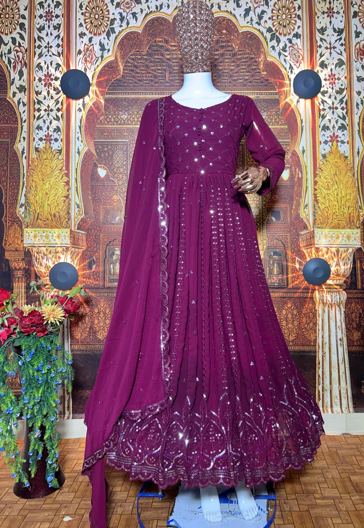 Fab Zone Fox Georgette Anarkali Gown with Silver Sequin Embroidery and Dupatta For Women