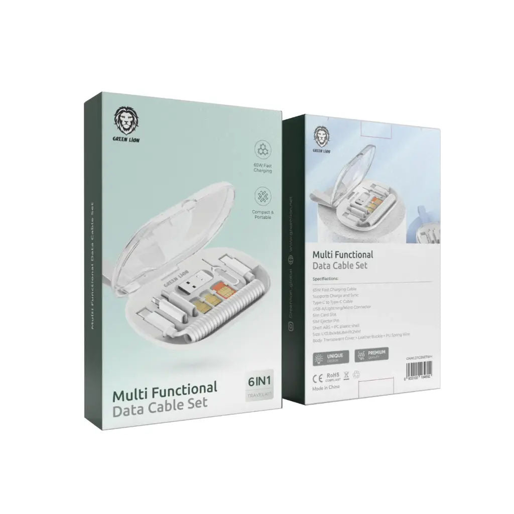 Green Lion 6-in-1 Multi-Functional Data Cable Set, 65W Fast Charging, Compact Kit, White