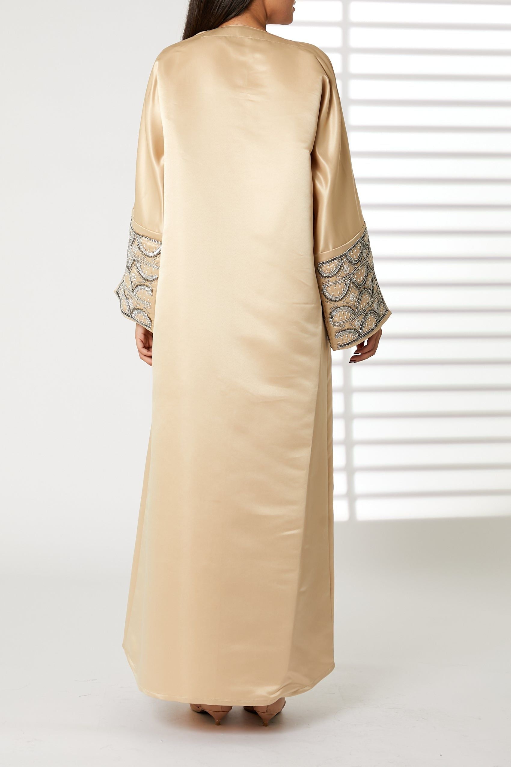 MOiSTREET Peach V-Neck Bridal Satin Split Cuffs Abaya