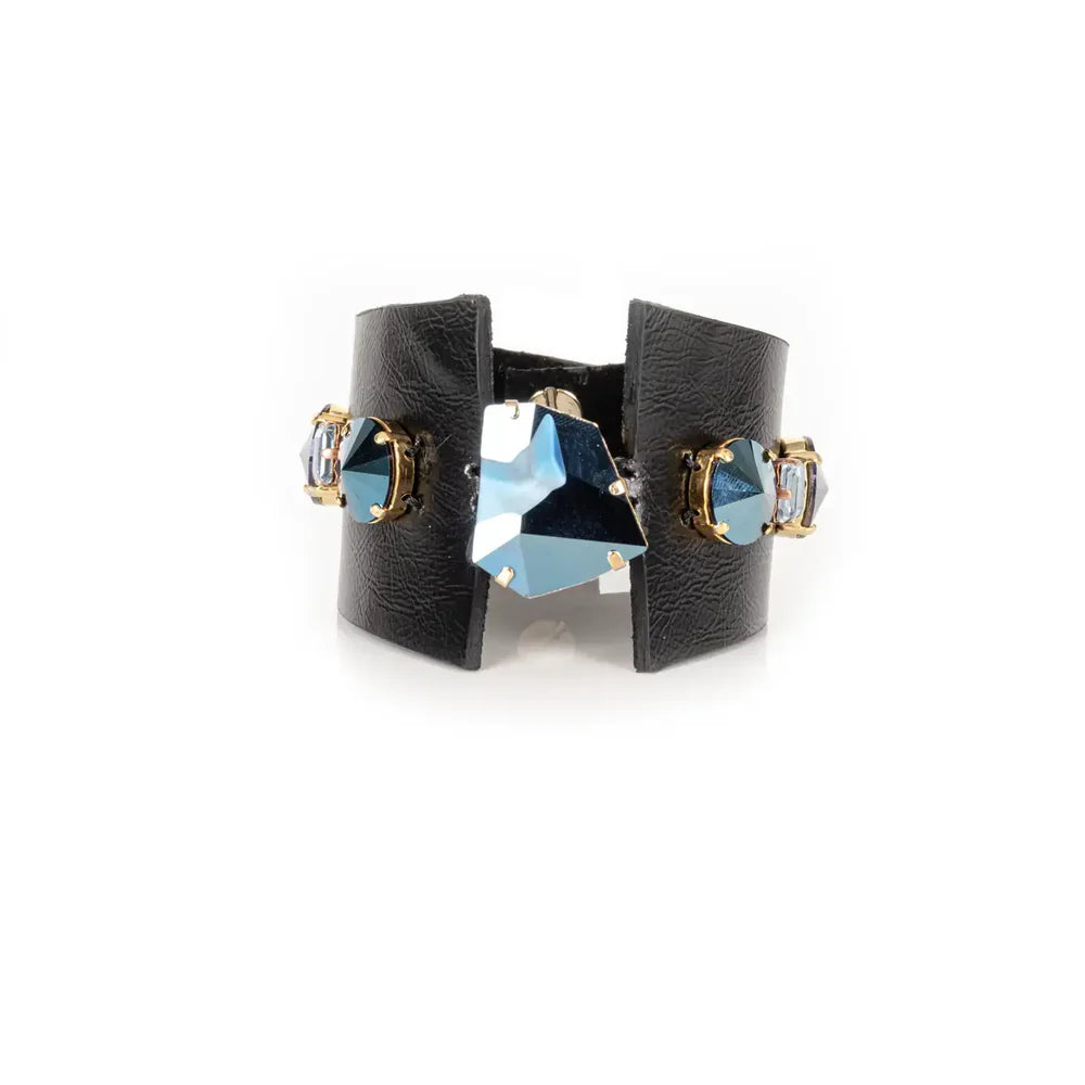 The Dark Midnight Steel Crystal Leather Cuff
