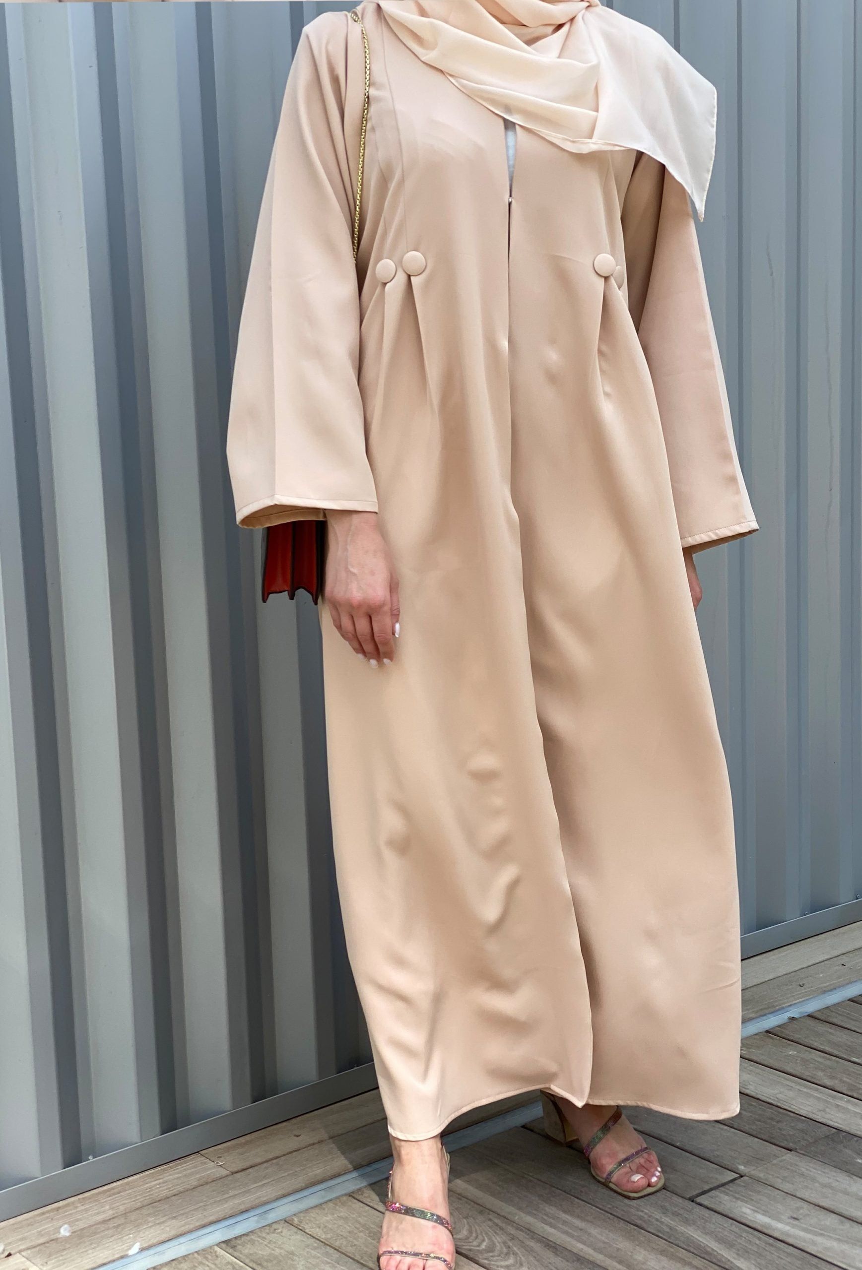MOiSTREET Barbie Crepe Tan Abaya Set with Buttons Detailing along with  Under Dress and Sheila