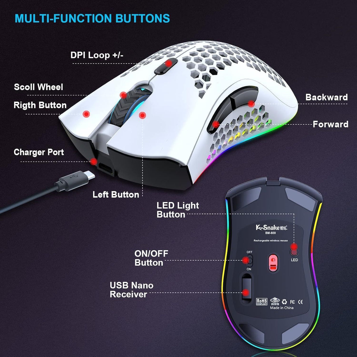 Wireless Gaming Mouse Honeycomb Design Rechargeable RGB Backlight Computer Mouse