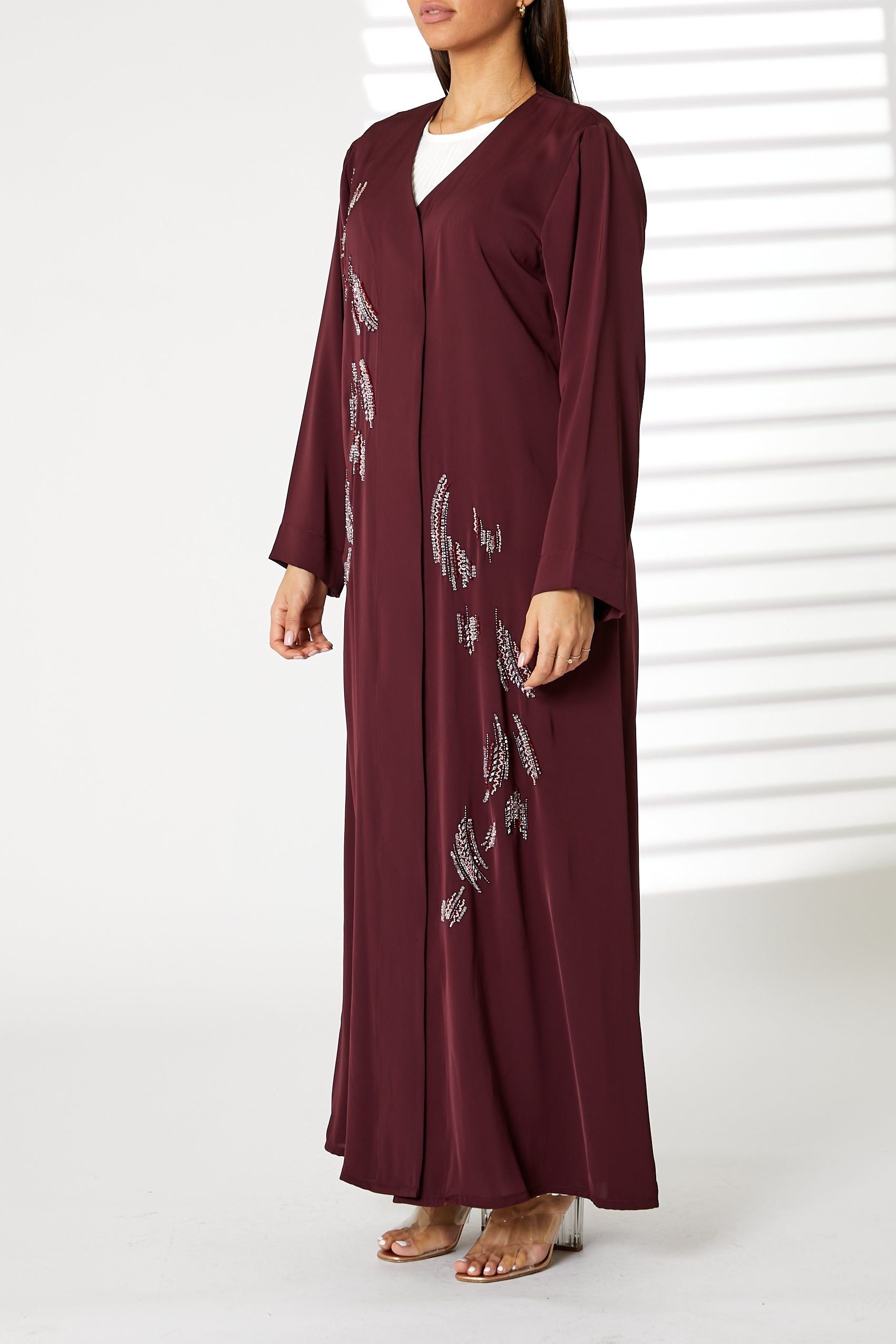 MOiSTREET Maroon Nida Embroidered Open Abaya