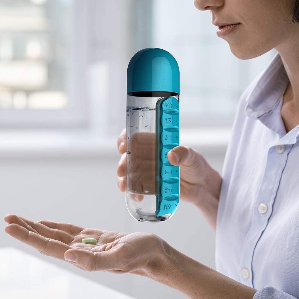 Pill Organizer Water Bottle 7 Day Medicine Holder With Weekly Dispensers Capsule Drink Bottle