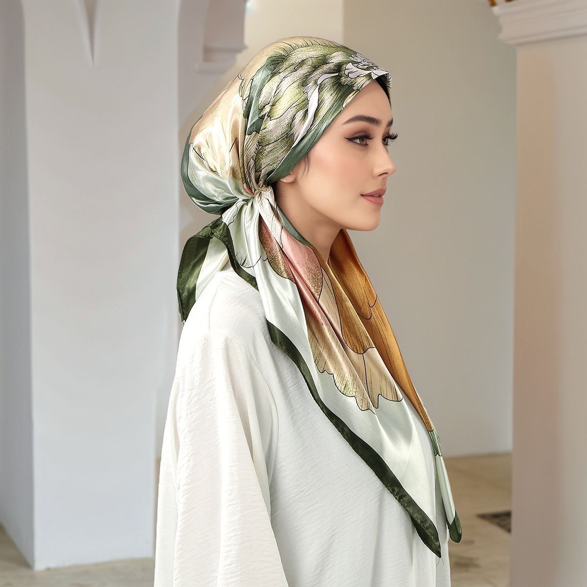 Green Satin Printed Hijab Scarf Silk-Like Square Head Wrap