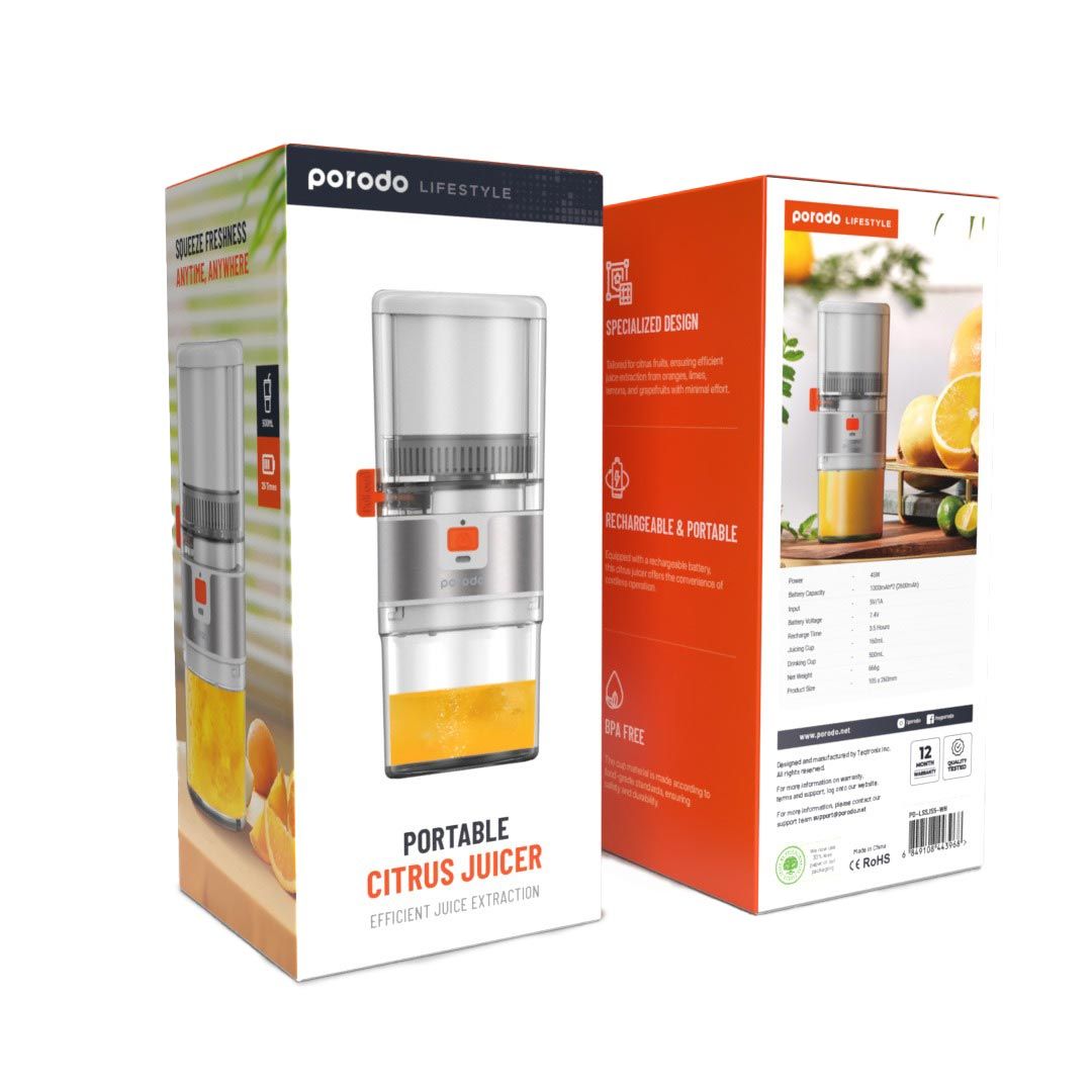 Porodo Lifestyle Portable Slow Juicer, 55W, White/Orange