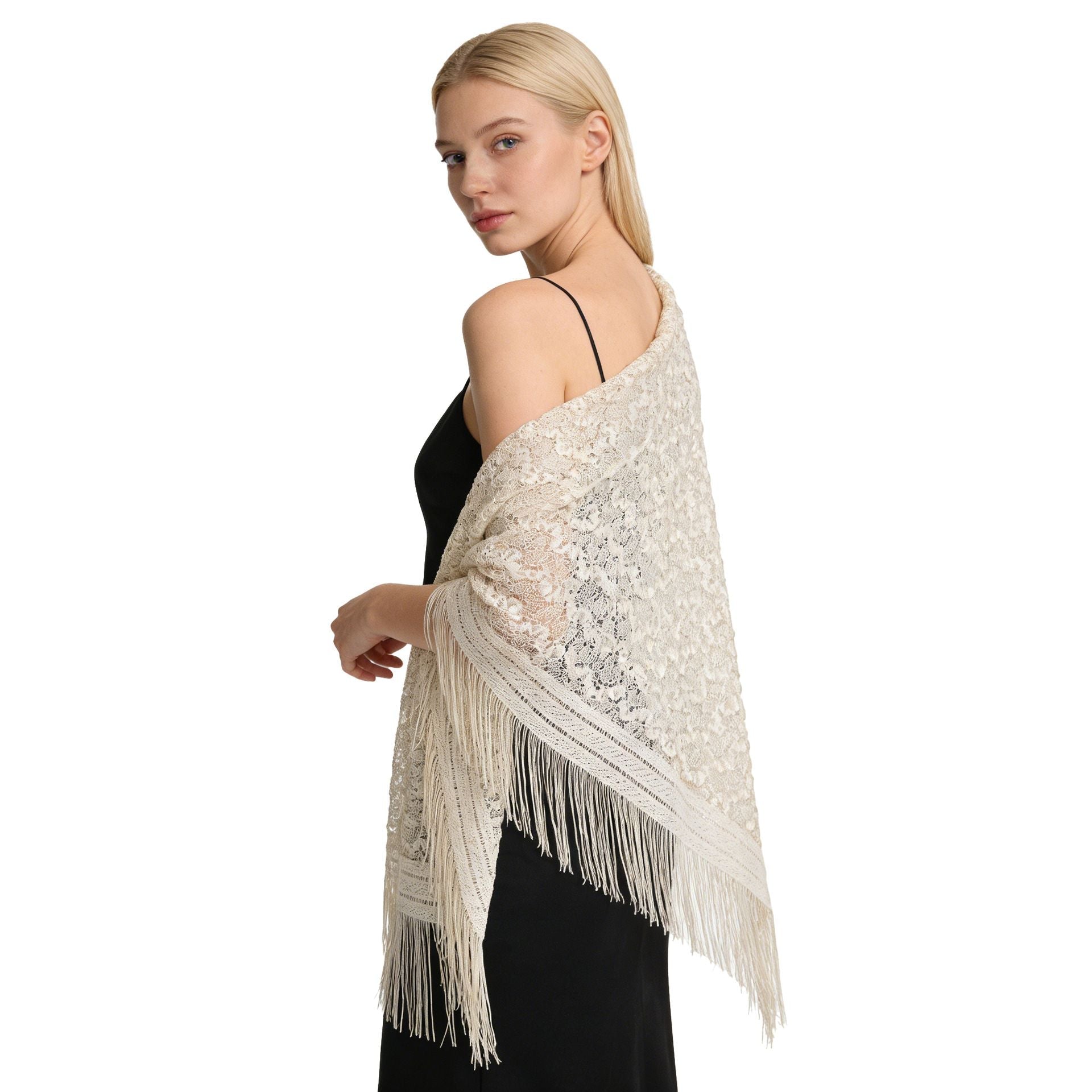 Beige Lace Shawl Wrap with Fringe for Women Evening Dress