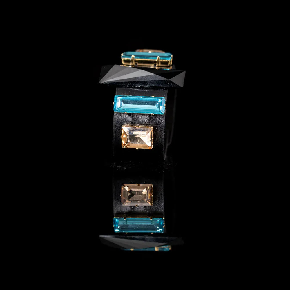 The Dark Black Leather Cuff with Blue & Champagne Crystals