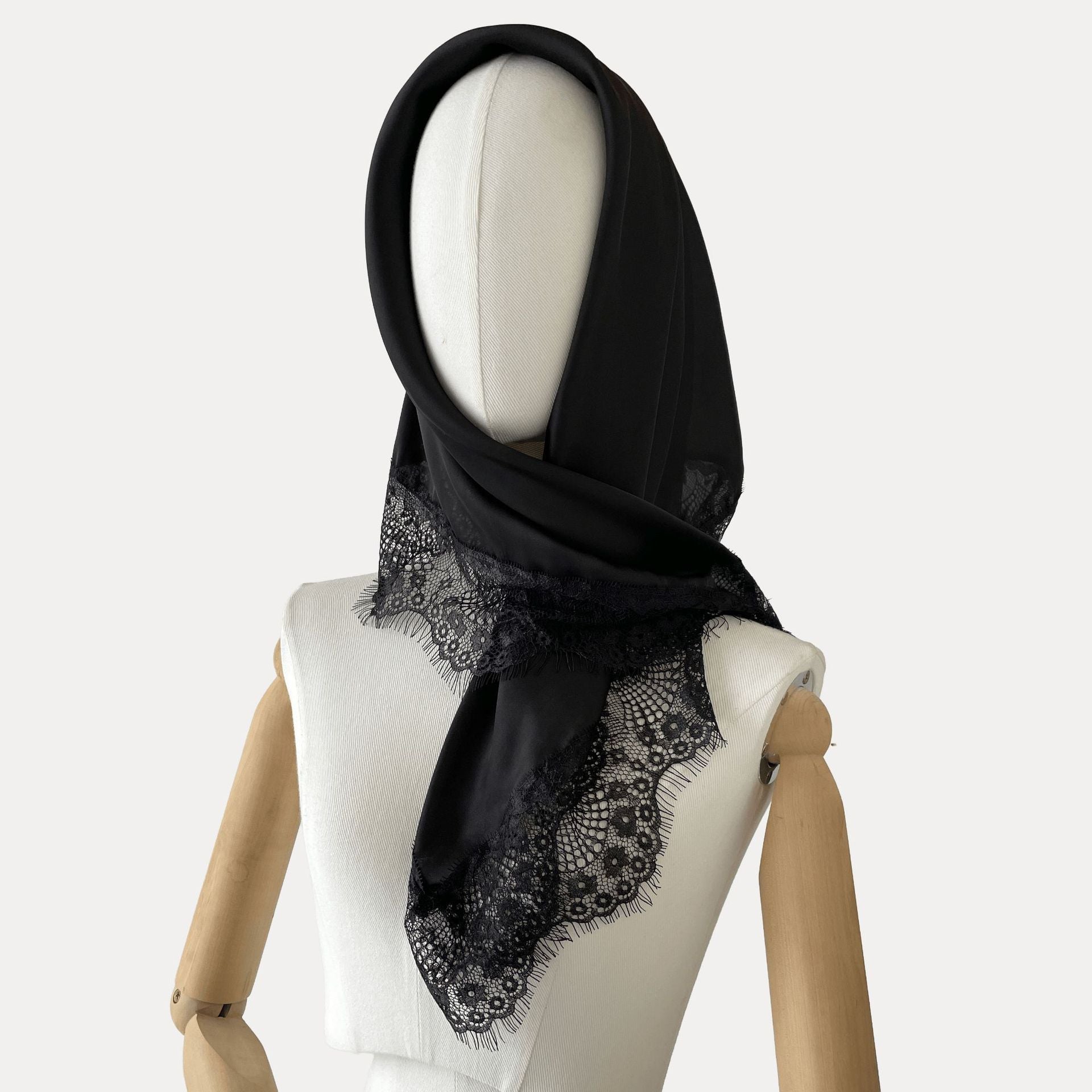 White Satin Square Scarf with Lace Trim for Women 75x75cm