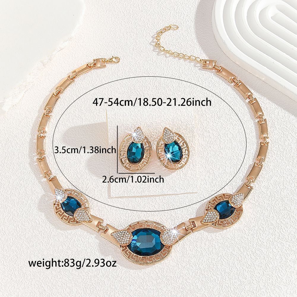 Elegant Blue Crystal Gold-plated Necklace and Earrings Set Women Jewelry