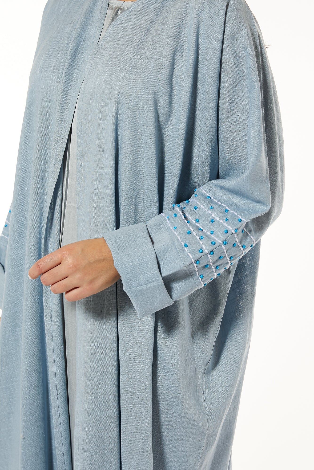 MOiSTREET Blue Linen Abaya with Threadwork