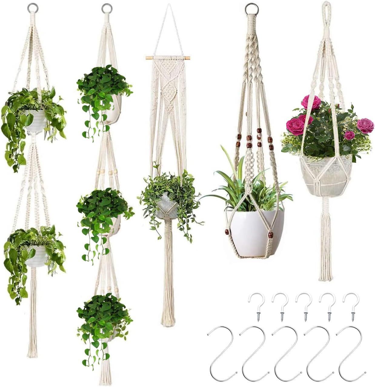 5pcs Macrame Plant Hangers Rope Hanging Plant Holder Basket Home Decor