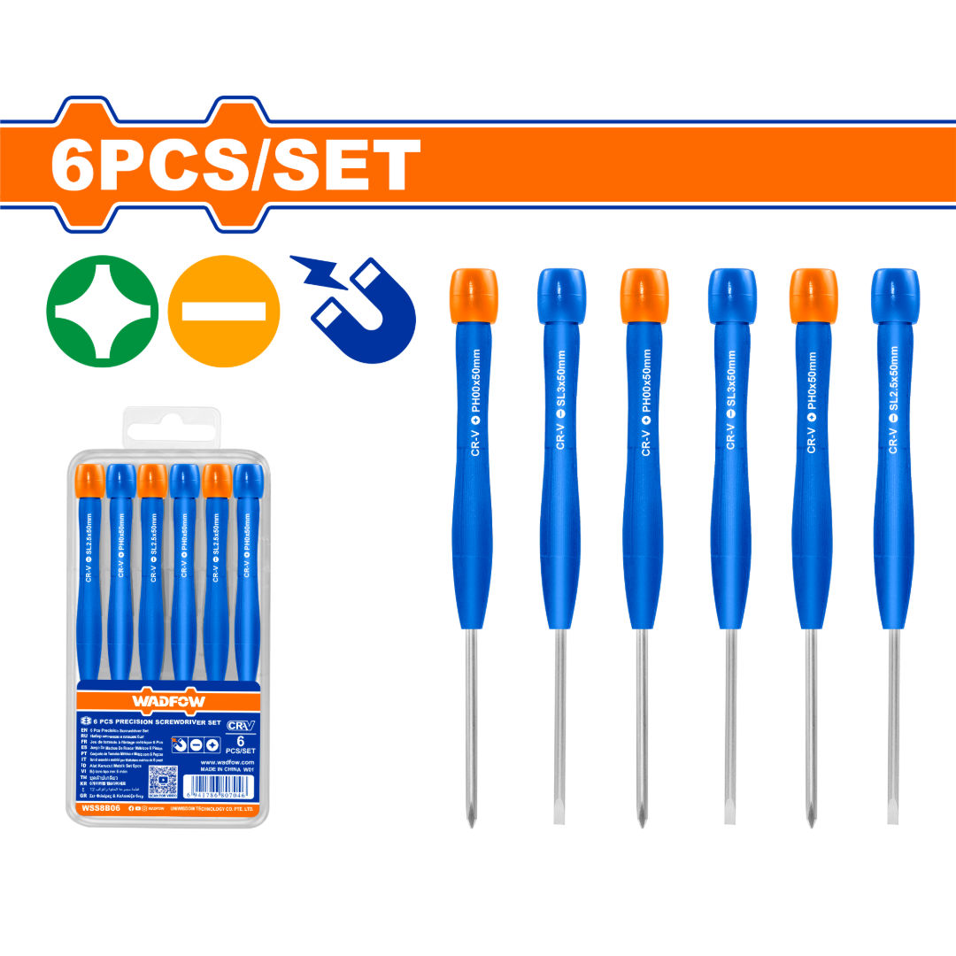 WADFOW 6-Piece Precision Screwdriver Set, SL & PH Tips, Cr-V Steel, 50 mm Blades, Plastic Box