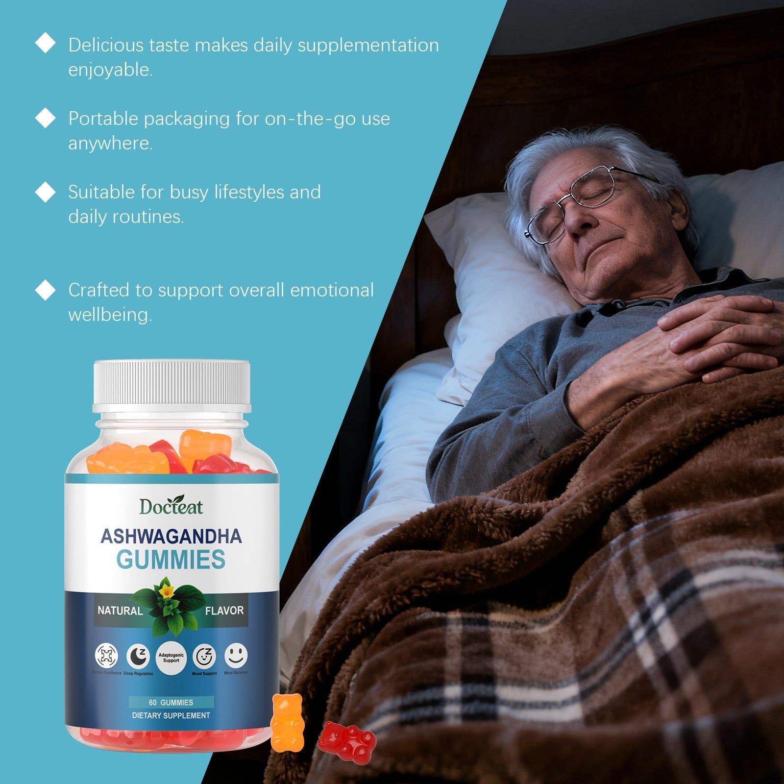 Boost Mood and Sleep with Ashwagandha Gummies, Natural Stress Relief, Body Care ,60 gummies