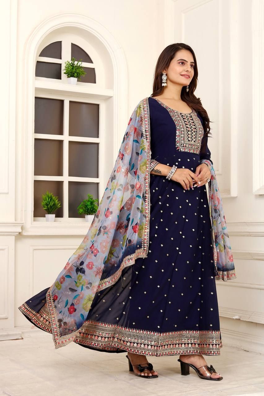Fab Zone Fox Georgette Embroidered Anarkali Gown with Organza Dupatta Set For Women