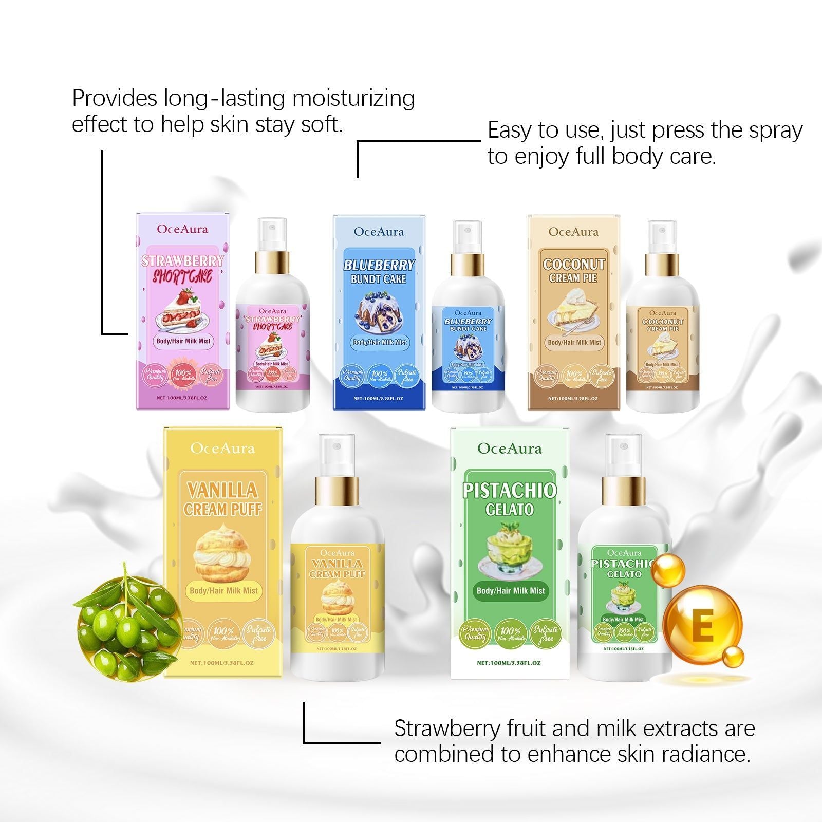 Body Care Moisturizing Spray, Refreshing Pistachio Ice Cream Scent, Allover Hair and Skin Hydration ,100ml