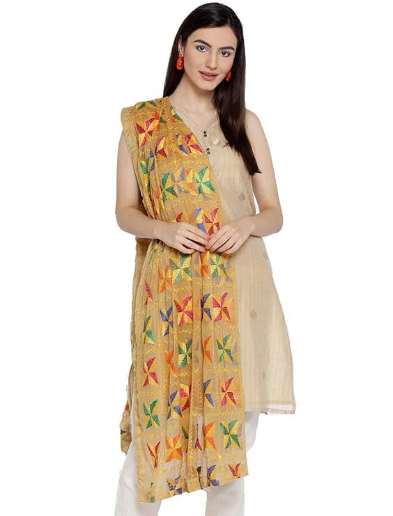 Punjabi Hand Embroidery Phulkari Faux Chiffon Dupatta, Stoles