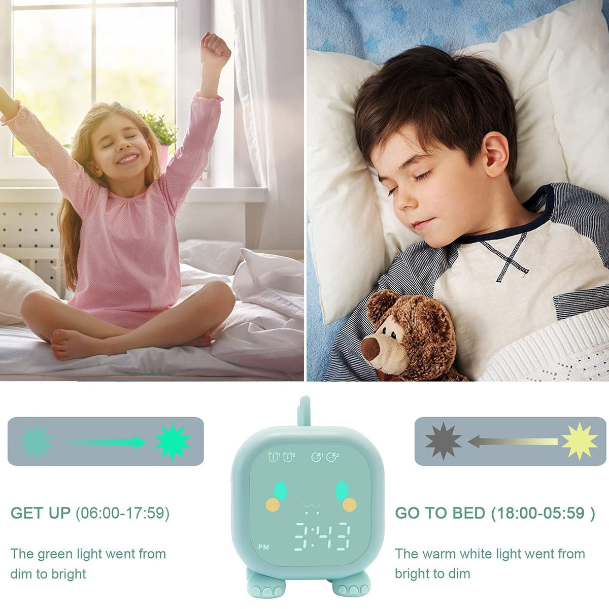 Kids Dinosaur Alarm Clock Creative Cartoon Bedside Clock Night Light Rechargeable