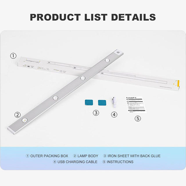 60/80/100CM Ultra Thin Nightlight Lamp - PIR Motion Sensor LED Cabinet Lighting, USB Rechargeable for Kitchen & Cabinets