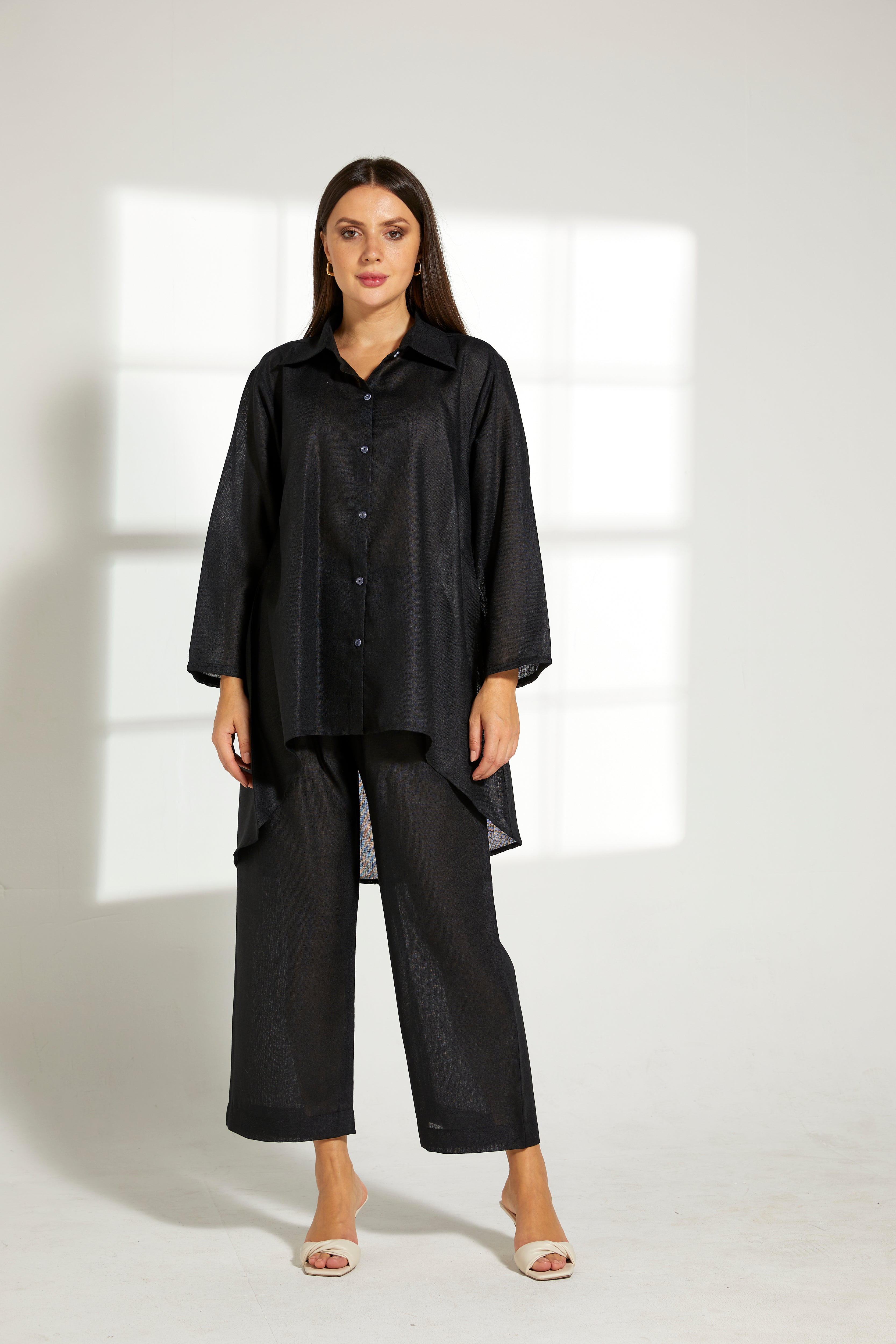 MOiSTREET Black Linen Fabric Top and Pants Set