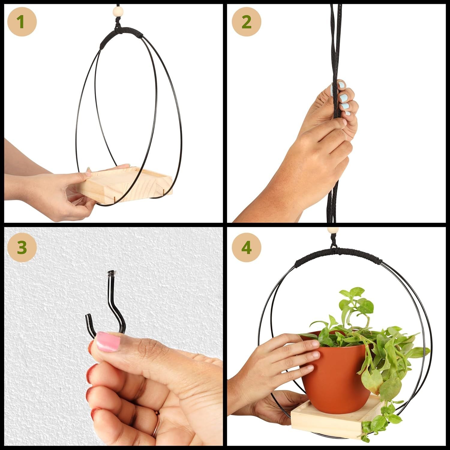 Macrame Plant Hanger with Wooden Base Flower Pot Planter Basket Holder